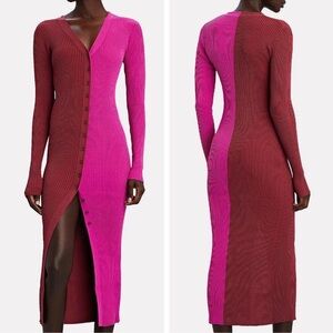 STAUD Two-Tone Ribbed Midi Dress in Pink and Wine